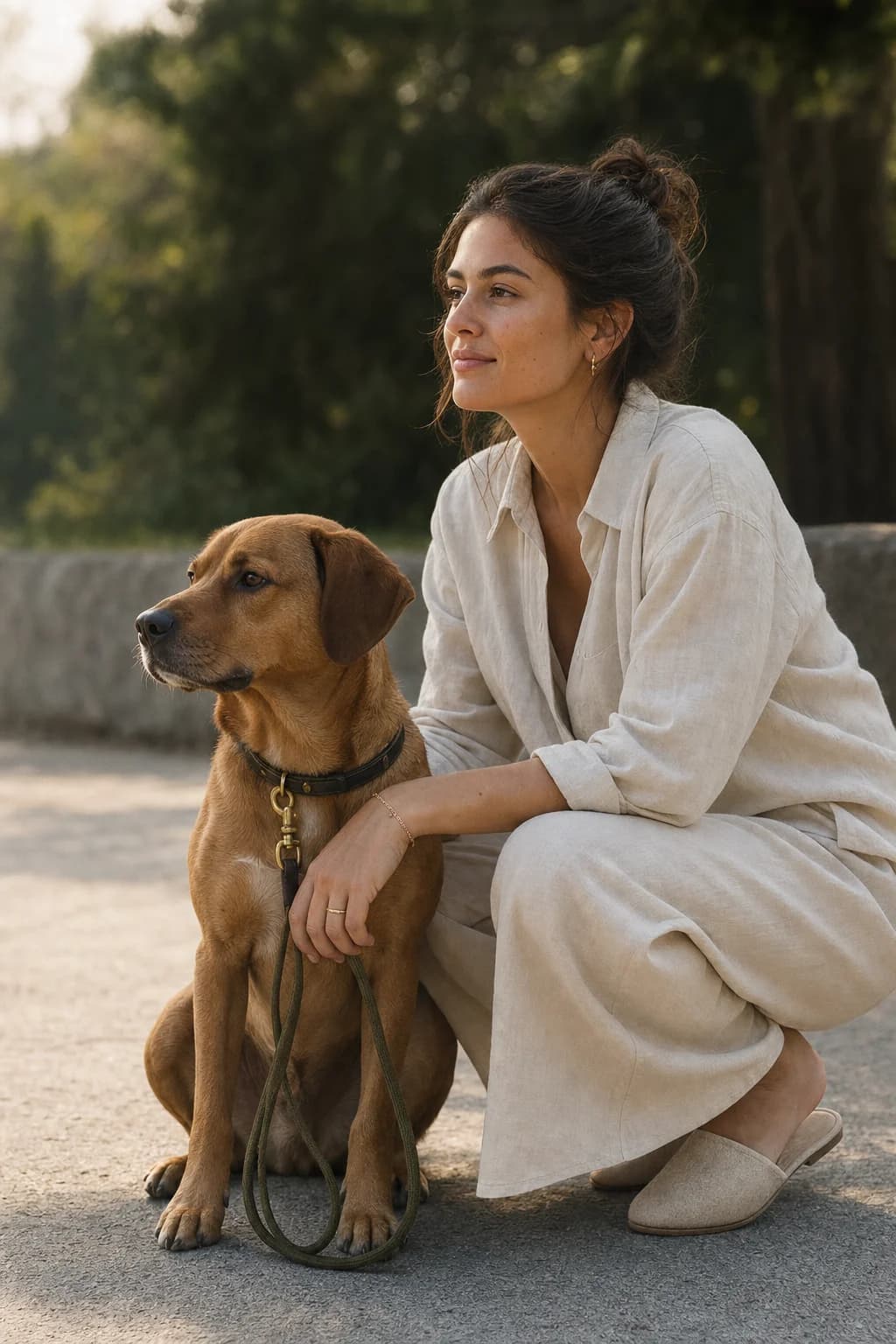 A woman crouched beside her calm dog on a loose leash